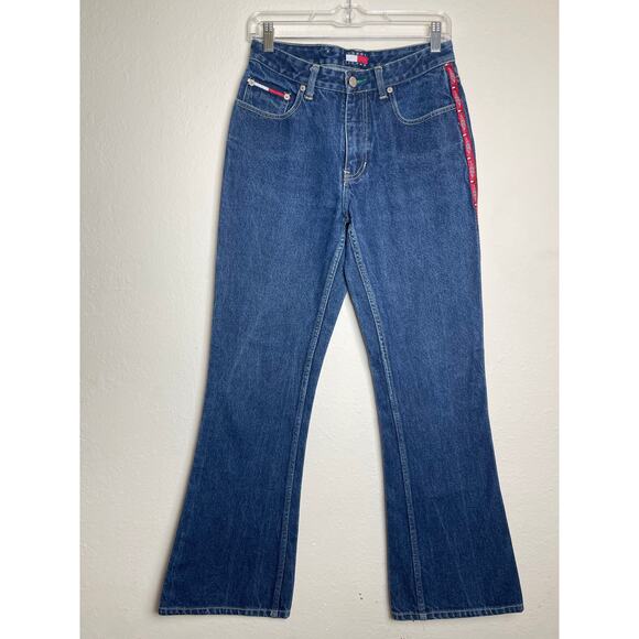 VTG Tommy Hilfinger Women's 70's Chic Logo Sides High Rise Boot Cut Blue Jeans 5 - Picture 1 of 16